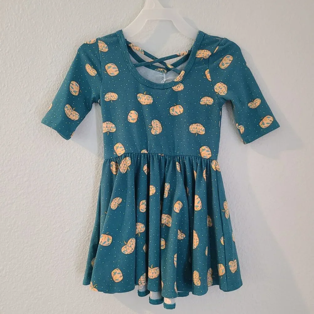 DotDot Smile toddler girls Teal Pumpkin Print Twirl Dress Size 2T